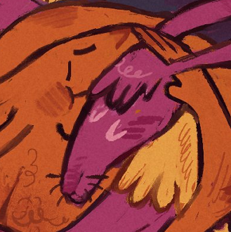 2022 digital illustration. two trans rabbits, colored in plum and mustard tones, embrace one another. they are surrounded by scribbles, spots, and noise. the piece is messy and has a comforting atmosphere.